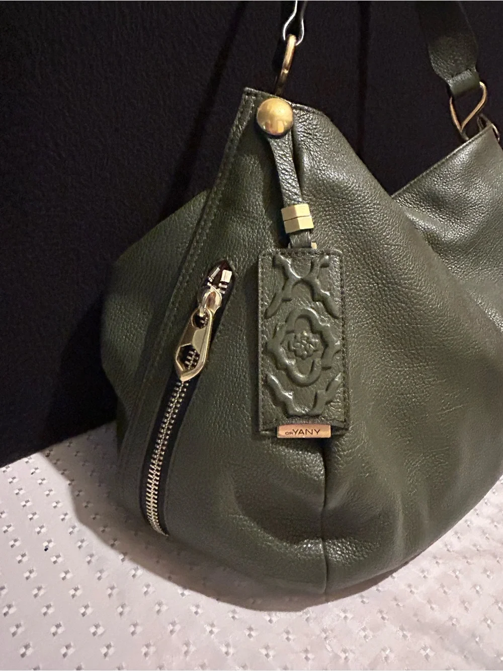 orYANY Olive Green Pebbled Leather Hobo Shoulder Bag.